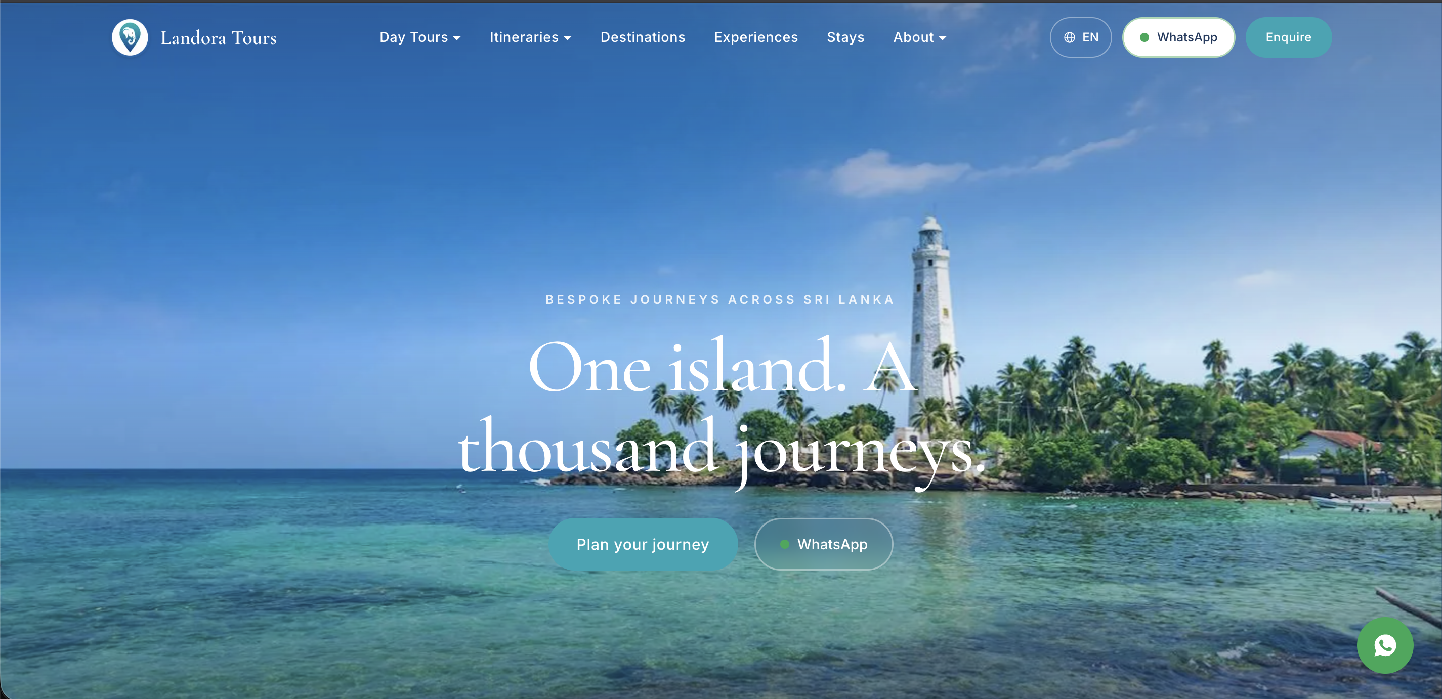 The Landora Tours homepage showing an itinerary and the interactive island map