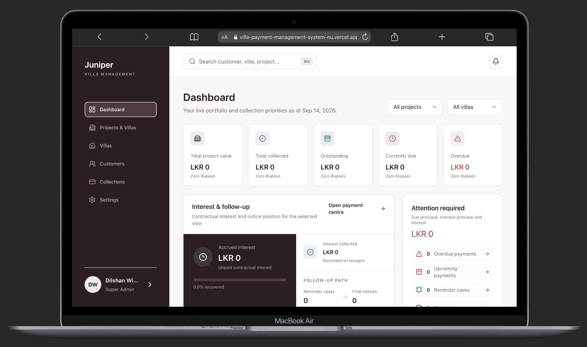 The Juniper Villa dashboard showing portfolio totals, interest and follow-up, and an attention-required panel